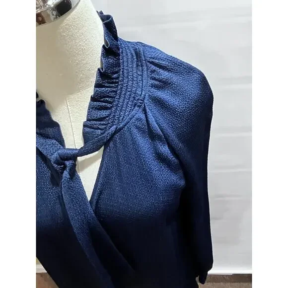 Sandro Paris V-Neck Blue Shift Dress‎ Neck Tie Long Sleeve Sz 36/US Sm - Picture 2 of 12